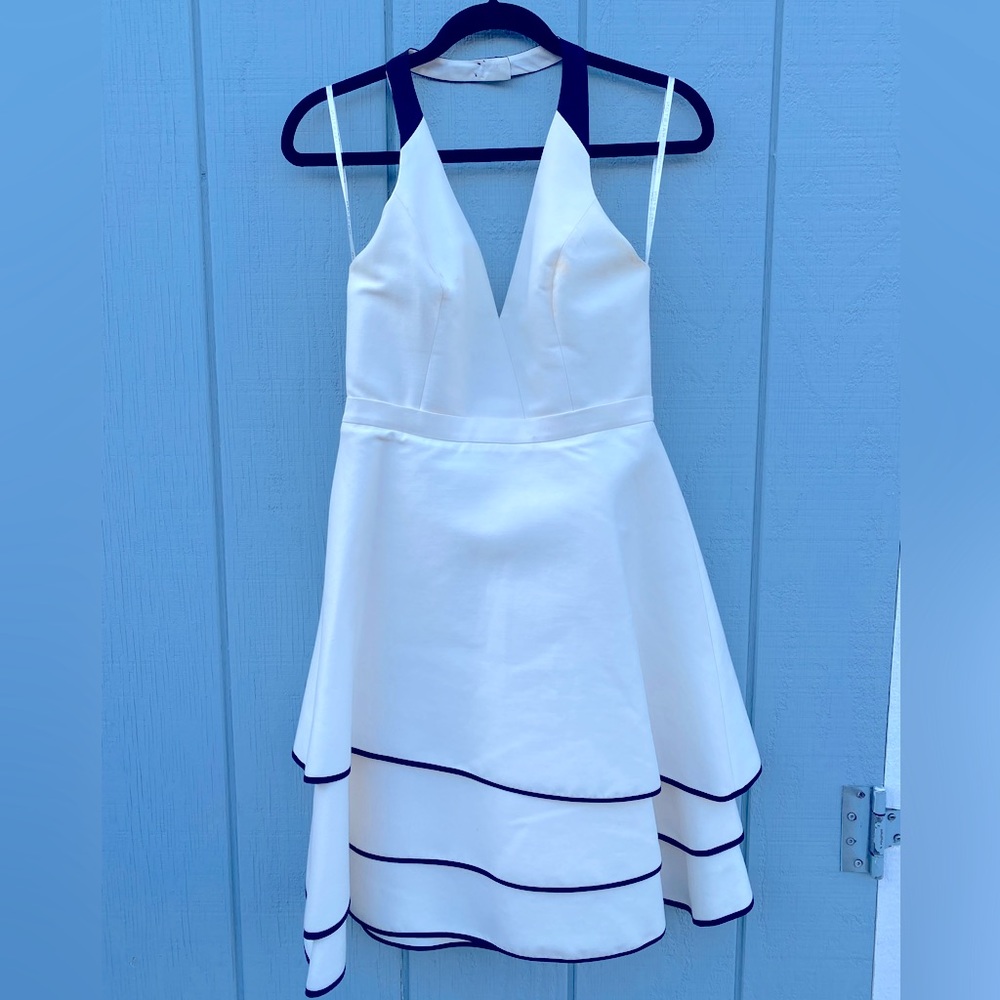 White Halston Heritage midi tiered halter dress with black accents; worn twice